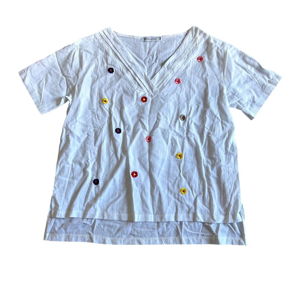 Misslook Women's Sz M White V-Neck Floral Embroidered Cotton-Blend Short Sleeve